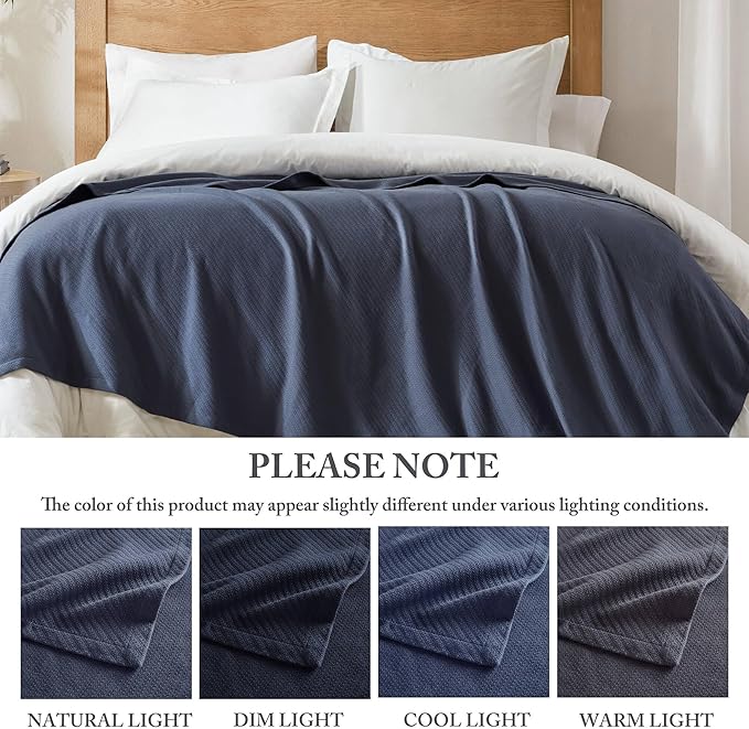 Madison Park Liquid Cotton Blanket Breathable, Softer Ring Spun Weave, Diamond Motif, Luxurious 100% Cotton All Seasons Lightweight Summer Blanket for Bed, Couch, Office, Navy, Twin