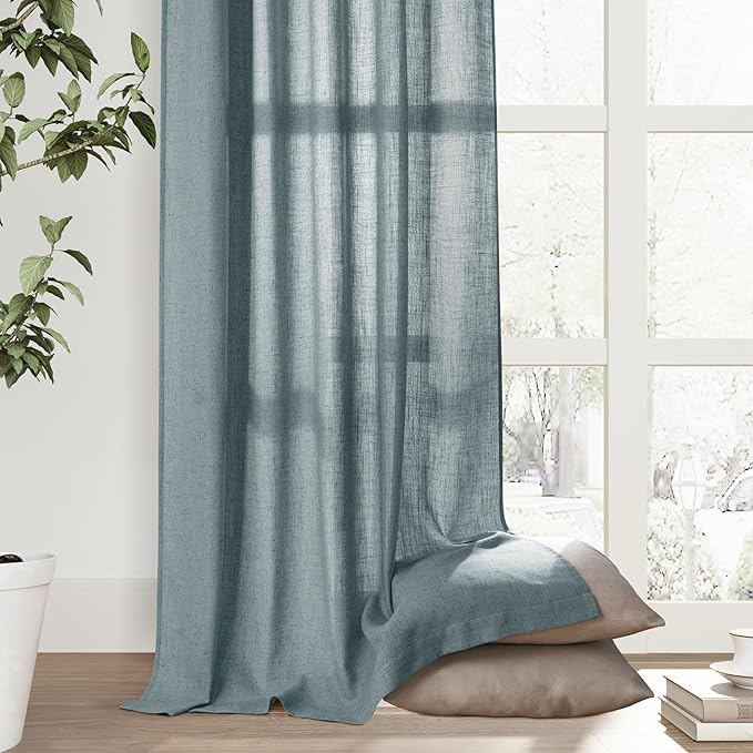 Joywell Light Blue Back Tab Rod Pocket Linen Curtains 84 Inches Long 2 Panels for Living Room Bedroom Neutral Boho Farmhouse Rustic Light Filtering Semi Sheer Curtains Window Treatment 52x84