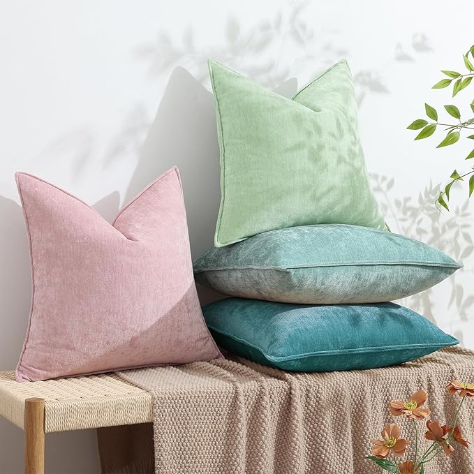 decorUhome Spring Couch Euro Sham Throw Pillow Covers 24x24 Set of 2, Decorative Soft Velvet Modern Cozy Chenille Pillow Cases with Elegant Design for Sofa Bed Living Room Home Decor, Teal