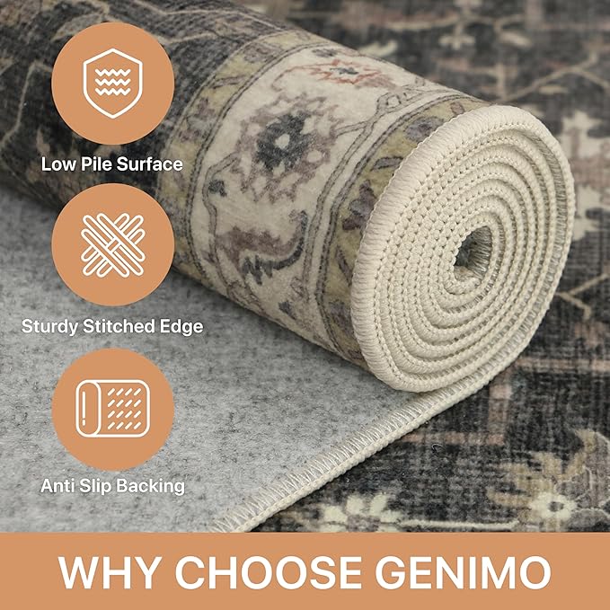 GENIMO 2x5 Runner Rugs for Hallway, Machine Washable Non Slip Vintage Rugs, Low Pile Lightweight Soft Print Rug for enrtyway, Corridor, Home, Office, Kitchen, Muted Charcoal Beige