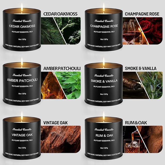 Scented Candles for Men, 6-Pack Luxury Soy Wax Candles Gift Set, 8% Essential Oil Masculine Aromatherapy Candles in Tin, Long Lasting Strong Scented Candles Gifts for Home, Father's Day