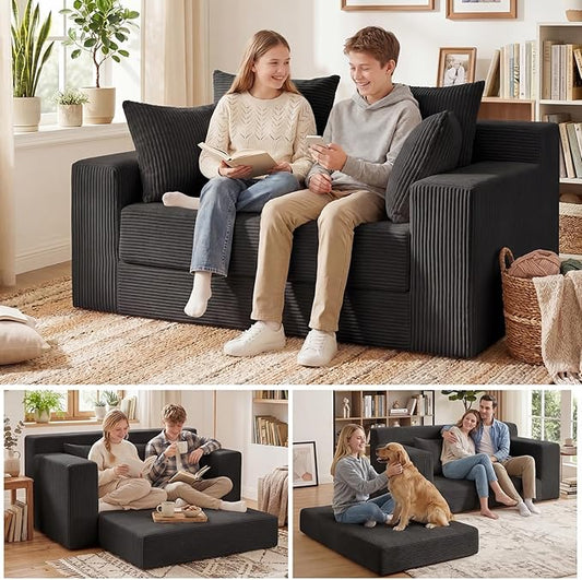 5 in 1 Convertible Sofa Bed,Small Boneless Couch Pull Out Loveseat Sleeper Sofa,Corduroy Futon Couch Folding Mattress with 4 Pillows for Living Room Bedroom Lounge (No Assembly)