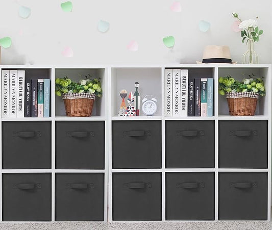 Storage Cubes, 11 Inch Cube Storage Bins, Set of 10, Fabric Foldable Storage Bins With Handles, Closet Storage Organizer Bins, Cubby Clothing Storage Baskets for Shelves, Black