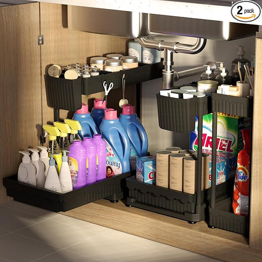 3 Pack Multi-Purpose Under Sink Organizers and Storage, 2026 L-Shaped Pull Out Cabinet Organizer for Bathroom & Kitchen, Under Cabinet Organizer with Hooks Hanging Cup (Black, 14.85 inch)