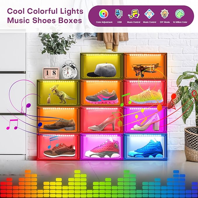 Shoe Storage Organizer for Closet, Foldable Shoe Boxes Rack 2 pack, Clear Plastic Stackable Containers Bins Holder, Magnetic Sneaker Shelf for Sneakerheads with LED Lights Grey