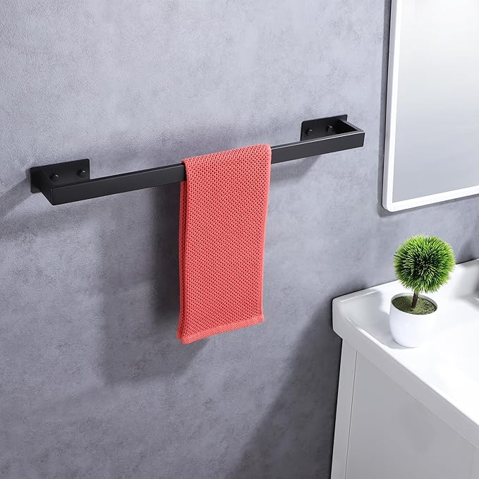 LANC Matte Black Bath Towel Rack 20-Inche Self-Adhesive Bathroom Towel Bar for Wall Mounted and No Drilling Towel Rod, Sticky on Kitchen Bathroom Towel Holder 304 Stainless Steel, A8310MB-L5