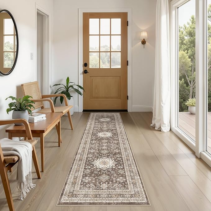 Vintage Hallway Runner Rug 2x6: Large Soft Washable Entryway for Kitchen Laundry Room Non-Slip Backing Runner for Entrance Living Room Bedroom Bathroom - Dark Brown