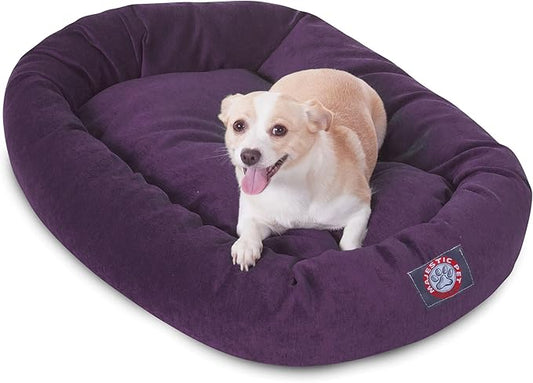 Majestic Pet 32 Inch Micro Velvet Calming Dog Bed Washable – Cozy Soft Round Dog Bed with Spine for Head Support - Fluffy Donut Puppy Mat 32x23x7 (inch) Medium – Aubergine