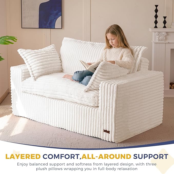 MAXYOYO 59" Bean Bag Sofa Couch, Loveseat Boneless Couch in a Box, Upholstered Small Mini Sofa with Deep Seating for Living Room Bedroom Office Apartment, No Assembly, Beige