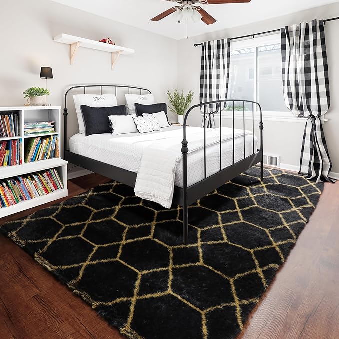 ONASAR 8x10 Area Rugs for Living Room, Fluffy Black and Gold Bedroom Rug, Geometric Boho Large Soft Plush Shaggy Fuzzy Floor Carpet for Nursery Kids Classroom Playroom Dorm Home Decor