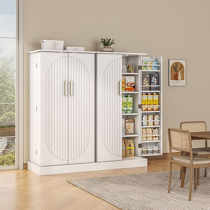 47" Tall Kitchen Pantry Cabinet, Snow-White Pantry Storage Cabinet with Adjustable Shelves, Barn Doors and Drawer Farmhouse Cupboard for Kitchen, Dining Room, Bathroom (16" D x 24" W x 47")