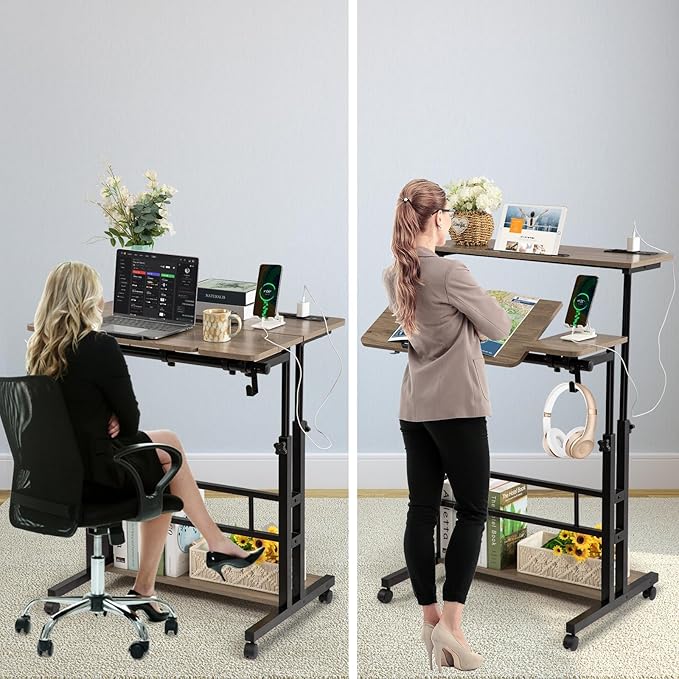 Hadulcet Rolling Stand Up Desk Adjustable Height - Portable Standing Desk with Wheels & Charging Station, Mobile Laptop Desk Small Standing Desk Drawing Table, Grey