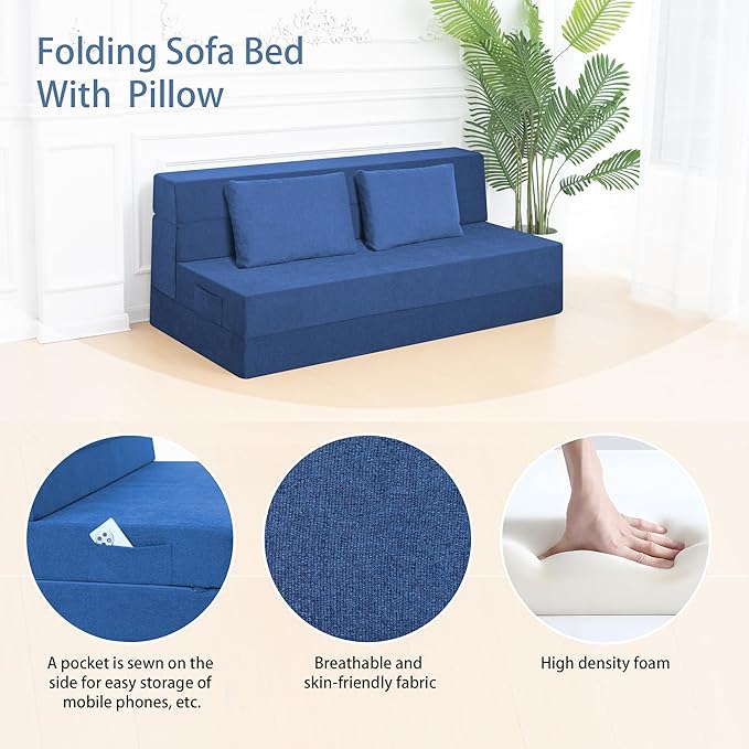 Folding Sofa Bed Chair with Pillow,Convertible Fold Out Chair Bed Sleeper,Foam Floor Mattress, Foldable Futon Couch Bed for Living Room/Dorm/Guest/Office (Blue, Queen)