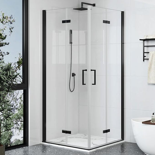 Corner Shower Enclosure Kit 34" D ×34" W × 72" H, Stand Up Shower Stall Kit with 1/4" Clear Corner Shower Glass Door, Bi-Fold Tempere Frameless Glass, Matte Black, Base Not Included