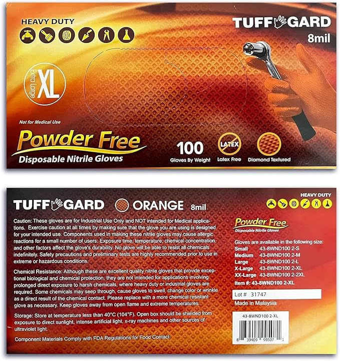 Tuff Gard Powder-Free Orange Nitrile Gloves, 8 Mil, Box of 100