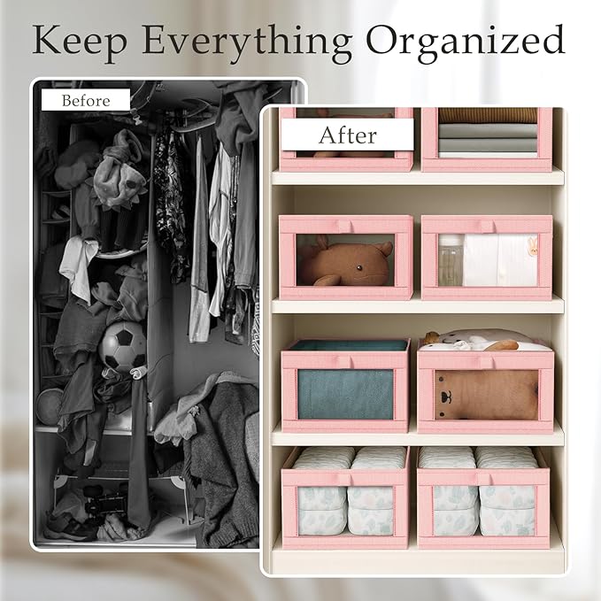 Criusia 4 Pack Linen Closet Organizers and Storage, Closet organizer Large Linen Closet Baskets for Organization, Foldable Storage Containers for Towels, Clothing, Jeans, Books, Shelves, Pink