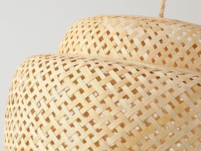 Bamboo Large Plug in Pendant Light with 14ft Handmade Woven Light Cord, Dimmable Switch, Boho Basket Handmade Woven Hanging Lamp for Kitchen Island Farmhouse Dining Room Living Room,16 inch Width