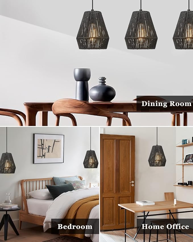 ELYONA Modern Woven Pendant Light Fixtures, 7" Farmhouse Coastal Hanging Lamp, Matte Black Handwoven Rattan Basket Shade, Boho Pendant Light for Kitchen Island Bar,Dining Room, Bedroom,Hallway 3 Pack