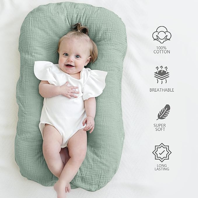 Muslin Baby Cover for Newborn, Soft and Breathable 100% Cotton Lounger Slipcover Neutral, Pack of 2(Green, Ivory)