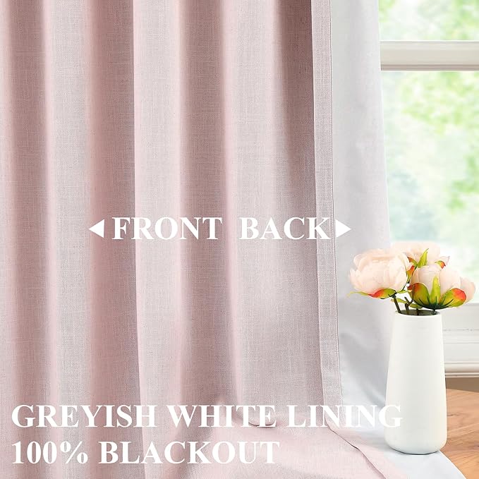 Vision Home Soft Pink Pinch Pleated Full Blackout Curtains Linen Blended Room Darkening Window Curtains 120 inch for Living Room Bedroom Thermal Insulated Pinch Pleat Drapes with Hooks 60" Wx120 Lx1