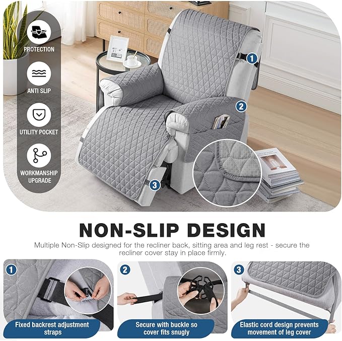 TAOCOCO 100% Waterproof Recliner Cover - Recliner Cover with Non-Slip Granule, Recliner Chair Covers with Elastic Band, Recliner Chair Covers for Reclining Chair(Light Grey, Large-28'')