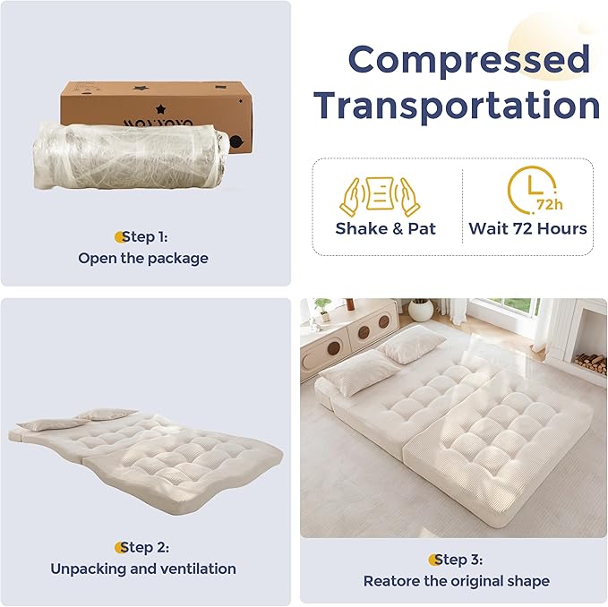 MAXYOYO Folding Sofa Couch, Convertible Floor Sleeper Couch with 2 Pillows, Tufted Floor Loveseat Couch Tufted Fold Out Chair Bed Comfy Sofa Lounge for Living Room Bedroom, Beige