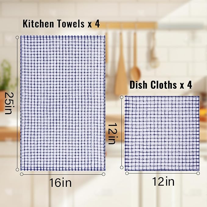 Homaxy Kitchen Towels and Dishcloths Set, 16 x 25 and 12 x 12 Inches, Set of 8 Cotton Terry Kitchen Dish Towels, Super Soft and Absorbent Dish Cloths, Blue/Yellow/Red/Green