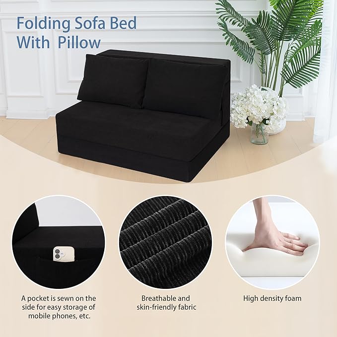 Sofa Bed Foldable Mattress ，Folding Sleeper Sofa Chair Bed Floor Mattress with Pillow for Living Room Home Office (Black-Corduroy, Twin)