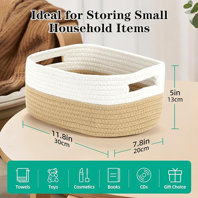 Bidtakay Small Cotton Rope Storage Baskets for Organizing 3 Pack Woven Baskets for Storage Closet Organizer Bins for Shleves 11.8×7.8×5 inch Cute Boho Decorative Basket with Handles - White&Beige