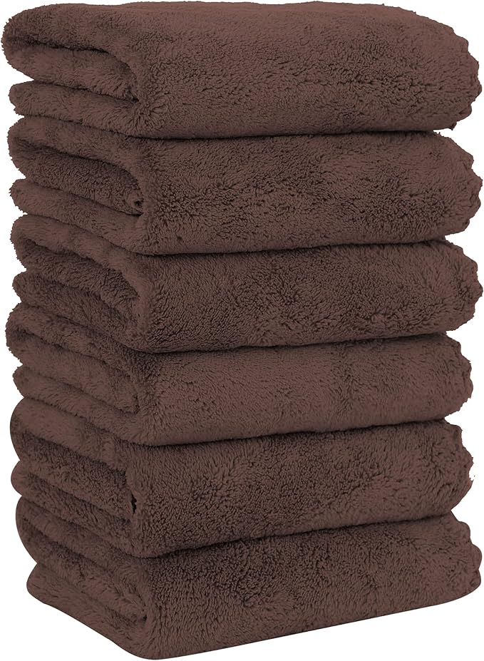 6 Pack Premium Hand Towels - Quick Drying - Microfiber Coral Velvet Highly Absorbent Towels - Multipurpose Use as Hotel, Bathroom, Shower, Spa, Hand Towel 16 x 28 inches (Wood Brown)