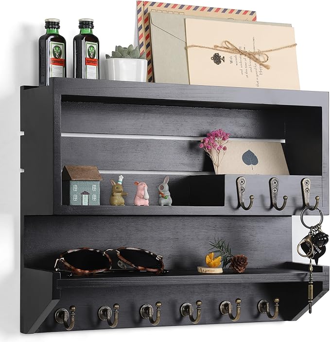 Innovation Premium Pine Wood Key Holder for Wall - Handcrafted Mail Organizer & Wall Mount Key Holder with 9 Sturdy Hooks, Finely Sanded & Hand-Sprayed Entryway Decor, Black