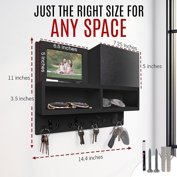Spacelog Key and Mail Holder for Wall with Chalkboard – Magnetic Photo Frame Key Holder Wall Mount, Black, Dual Storage & Cupboards Mail and Key Organizer for Wall
