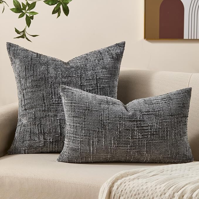 Decorative Couch Throw Pillow Covers 26x26 Set of 2 Dark Gray Soft Chenille Pillow Covers Neutral Textured Boho Cushion Covers for Modern Farmhouse Sofa Bedroom Living Room Decor SY008-E26