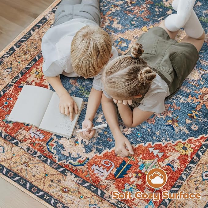 Area Rug 6x9 Washable Rug, Vintage Boho Medallion Rugs Non-Slip Soft Low Pile Large Distressed Rug Indoor Retro Carpet for Living Room Bedroom Dining Room Office (TribalMedallionMulti, 6'x9')