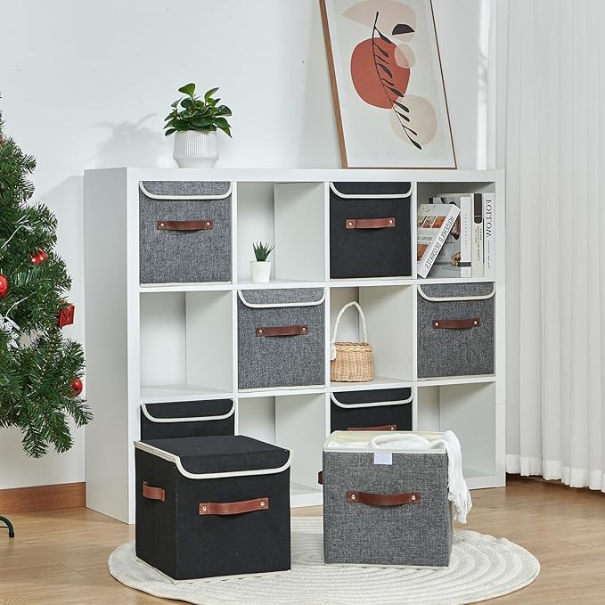 4PCS Storage Cubes with Lid Fabric Storage Bins Boxes PU Leather Handles Cotton Linen Closet Organizer Container Decorative Foldable Washable Shelf Cloth Basket (Flip-top Lid, Gray, 11in)
