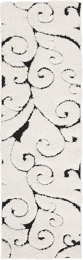 SAFAVIEH Florida Shag Collection Runner Rug - 2'3" x 11', Ivory & Black, Scroll Design, Non-Shedding & Easy to Clean, High-Low Plush Pile, Ideal for Bedroom, Foyer, Hallway (SG455-1290)