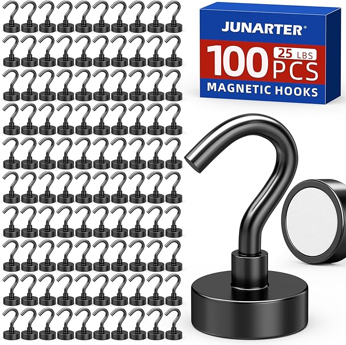 100 Pack Magnetic Hooks, 25lbs Magnet Hooks for Cruise Cabins, Black Strong Magnetic Hooks Heavy Duty, Magnets with Hooks, Metal Magnetic Hook for Hanging, Hook Magnets for Home Decor