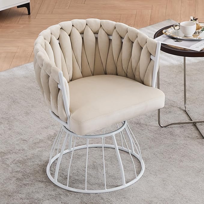 Mistpeople Swivel Weave Accent Chair, Velour Upholstered Modern Chair with Woven Tufted Backrest for Living Room, Bedroom, Vanity, Beige
