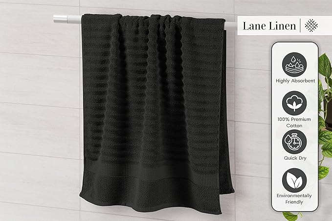 LANE LINEN Zero Twist Cotton Bath Towels - 6 Piece Set - Super Soft, Hotel Quality - 2 Bath, 2 Washcloth, 2 Hand Towels for Bathroom - Classy Look, Gentle on Skin, Ideal for Spa & Daily Use - Black