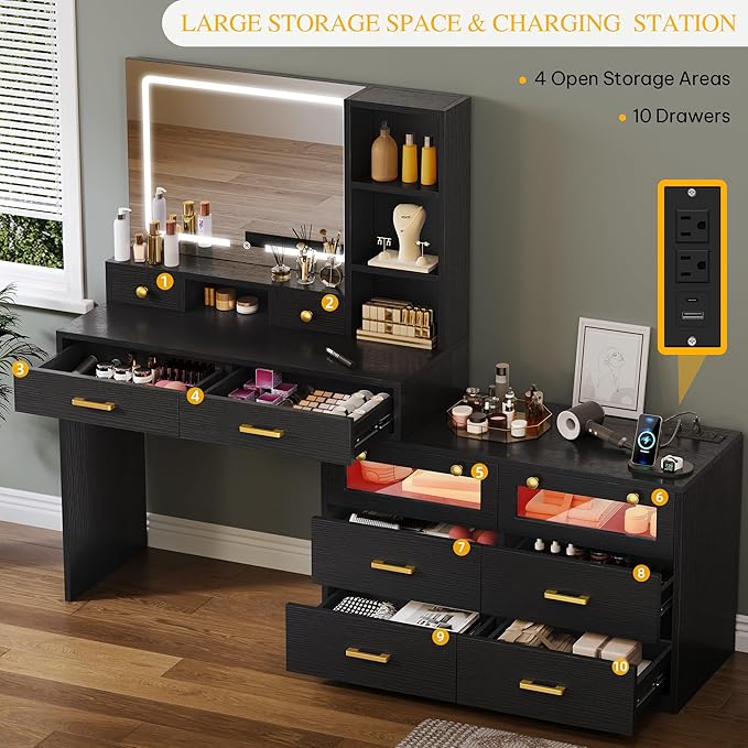 DWVO Large Vanity Desk with Mirror - RGB LED and Charging Station, Make up Vanity Mirror with 3 Lights Mode and Brightness Adjusted, Large Storage Space-10 Drawers, 3 Open Shelves, Black