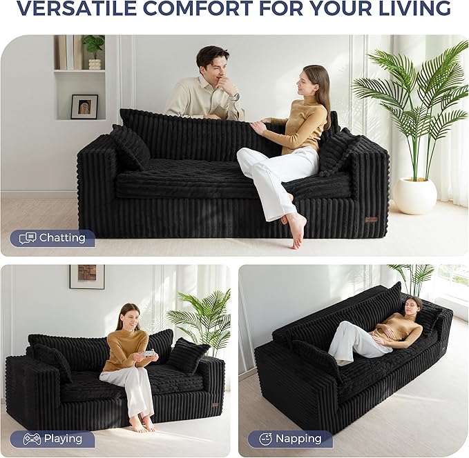 MAXYOYO 76" Bean Bag Sofa Couch, Loveseat Boneless Couch in a Box, Upholstered Small Mini Sofa for Living Room Bedroom Office Apartment, No Assembly, Black