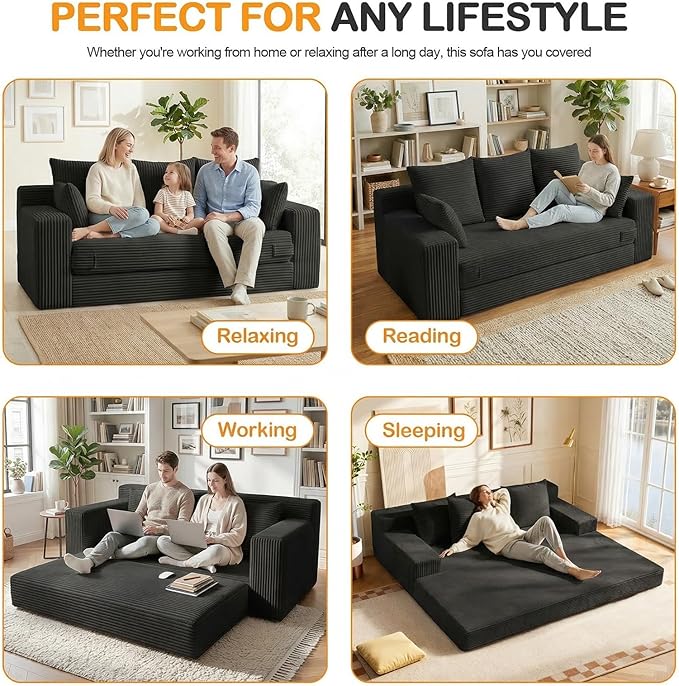 Oversize Boneless Loveseat Convertible Sofa Bed, Folding Floor Futon Sleeper Sofa Queen Size Couch Bed- Boneless Foldable Couch, Corduroy Pull Out Sofa Bed with 5 Pillows for Living Room & Bedroom