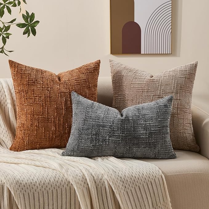 Decorative Couch Throw Pillow Covers 22x22 Set of 2 Camel Soft Chenille Pillow Covers Neutral Textured Boho Cushion Covers for Modern Farmhouse Sofa Bedroom Living Room Decor SY008-D22