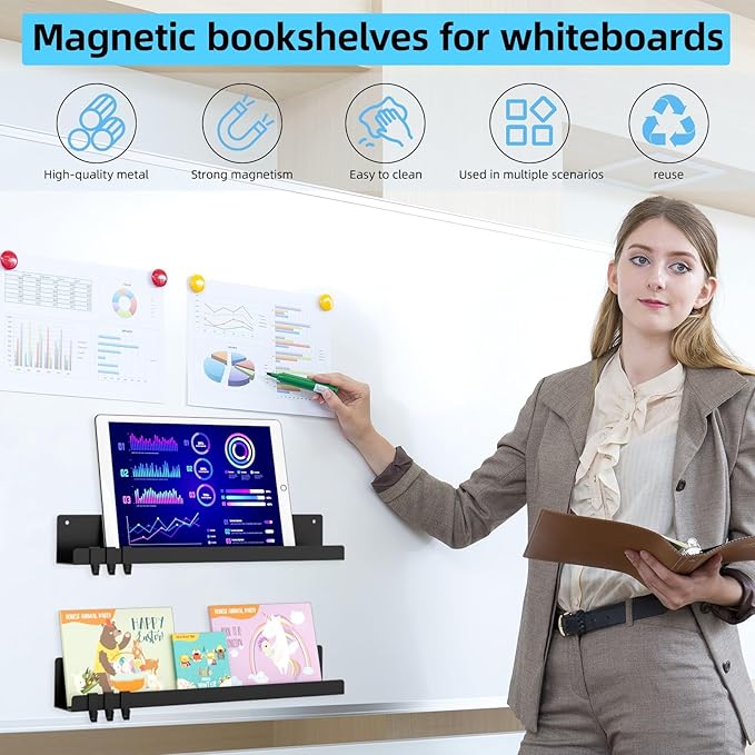 2-Pack Magnetic Book Shelf for Whiteboard - 17 Inch Reusable Metal Magnetic Shelves, Holds 14.33 lbs, Magnetic Book Display for Classrooms, Kitchen(New Black)