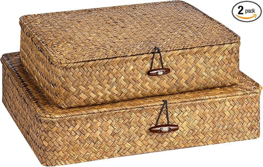 Set of 2 Flat Seagrass Storage Bins with Lid Wicker Storage Baskets for Organizing, Woven Shelf Organizer Bins Home Utility Organizer Box for Home & Office Supplies (Caramel)
