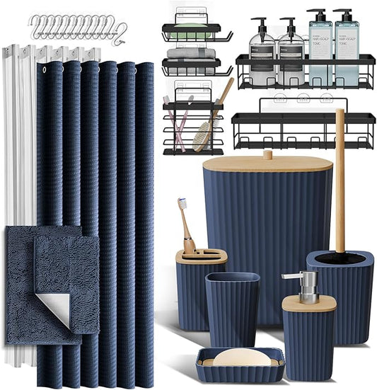Clara Clark Bathroom Accessories Set - 27PC Bathroom Set with Adhesive Corner Shower Caddy Hanging, Bathroom Sets with Shower Curtain and Rugs, Navy Blue Shower Curtain Set with Bathroom Trash Can