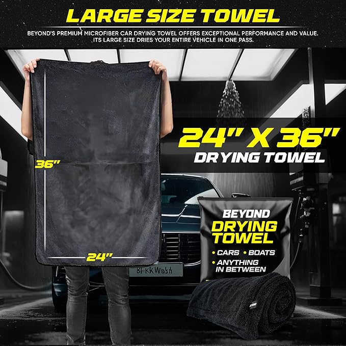 Beyond Drying Towel 1300 GSM - Super Absorbent Large Premium Microfiber Detailing Towel for Cars and Boats - Twisted Loop Microfiber Technology - One-Pass Scratch and Streak Free - 24' x 36' Black