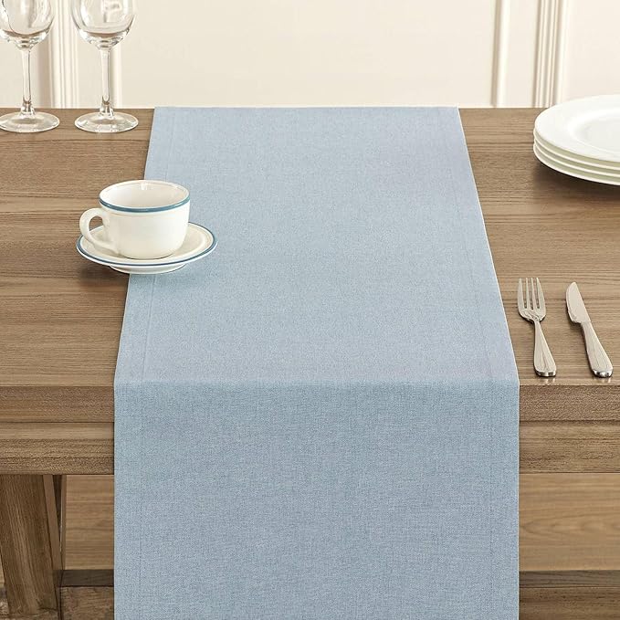 ZeeMart Basic Linen Style Table Runner, 14 x 90 Inch Blue Chambray, Rustic Farmhouse Light Dusty Blue Table Runners 90 Inches Long, Everyday Polyester Table Runner - Machine Washable & Easy Care
