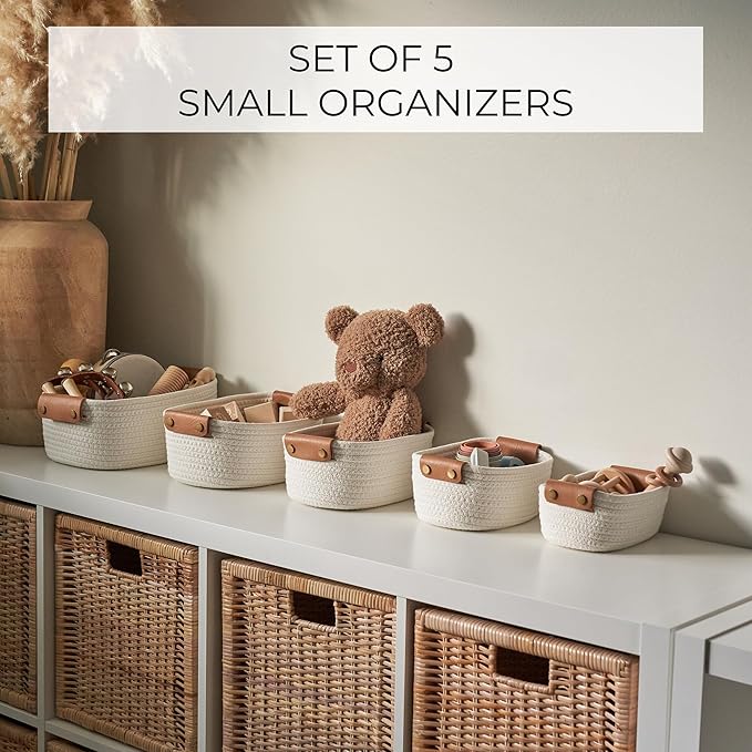 Storage Basket Set of 5 - Cotton Rope Organizer Bins for Home, Nursery & Bedroom