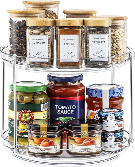 2 Tier Non-Skid Acrylic Lazy Susan Turntable Organizer - Rotating Spice Rack - Spinning Organization Tray for Kitchen, Pantry, Countertop, Closet, Bathroom, Vanity, Medicine Cabinet Organizing, 9.25''